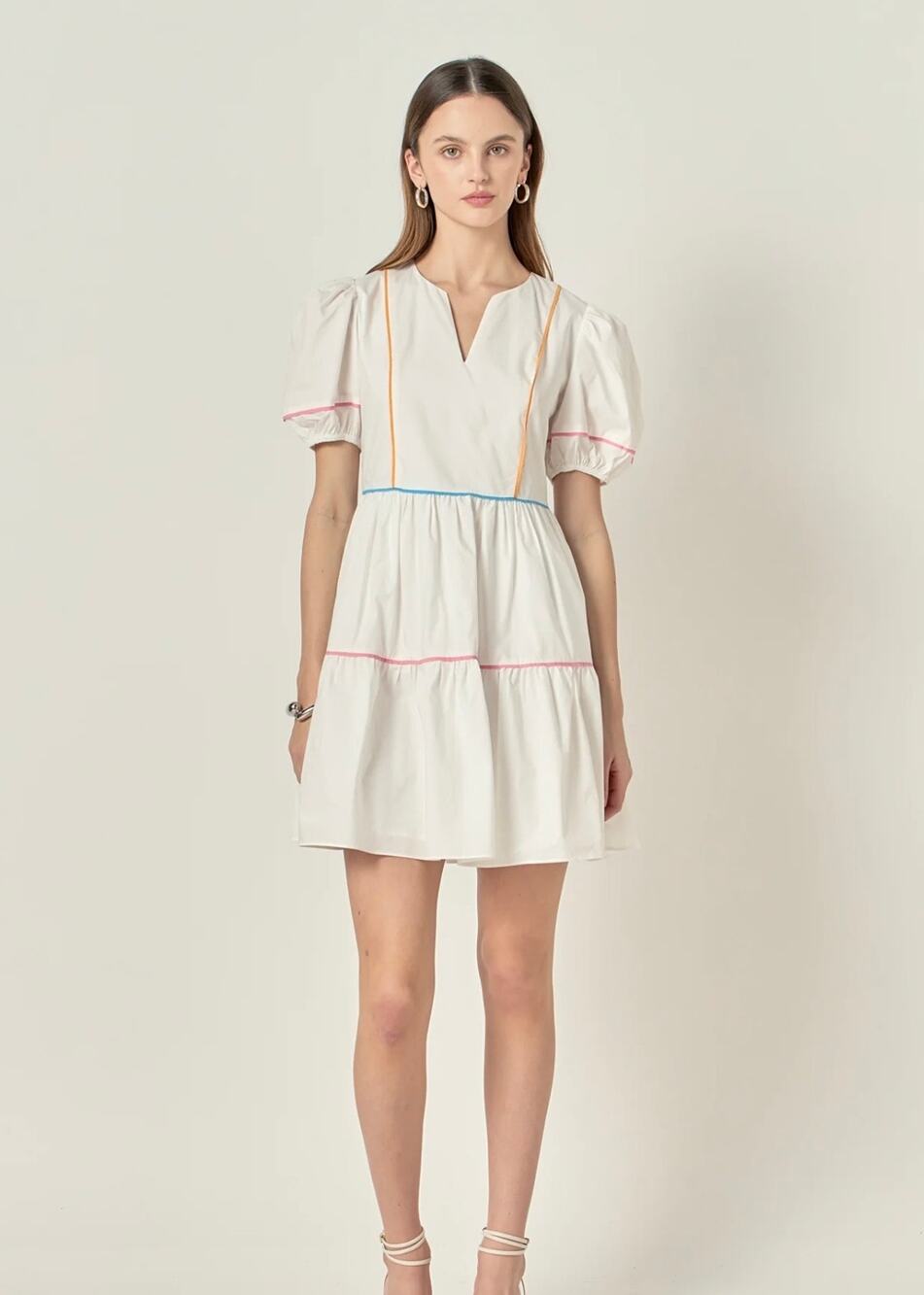 English Factory Puff Sleeve Tiered Mini Dress White Piping Detail Size L